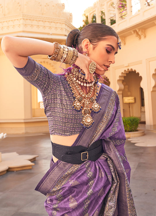 Lavender Silk Traditional Print Zari Weaving Saree