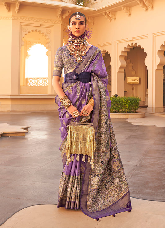 Lavender Silk Traditional Print Zari Weaving Saree