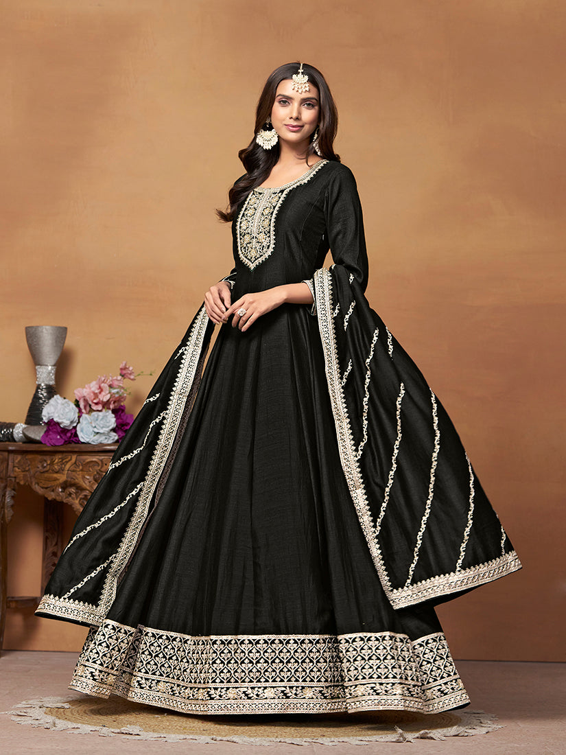 Black Art silk Embroidered Designer Anarkali Suit - Monjolika Fashion Black Art silk Embroidered Designer Anarkali Suit - Monjolika Fashion
