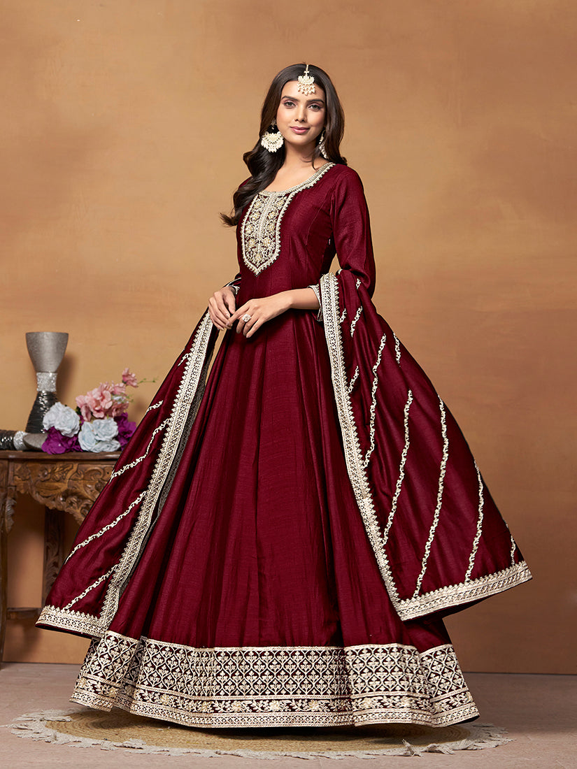 Wine Art silk Embroidered Designer Anarkali Suit - Monjolika Fashion Wine Art silk Embroidered Designer Anarkali Suit - Monjolika Fashion