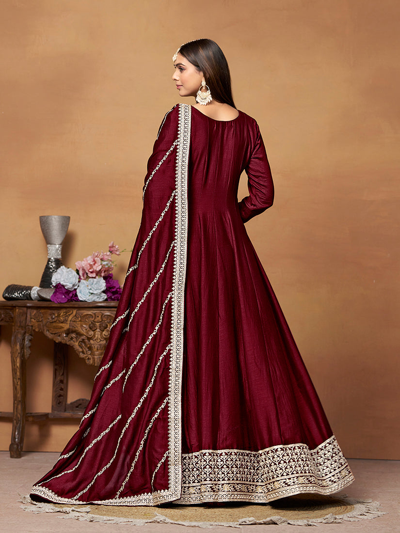Wine Art silk Embroidered Designer Anarkali Suit - Monjolika Fashion Wine Art silk Embroidered Designer Anarkali Suit - Monjolika Fashion