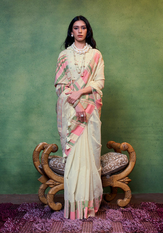Cream Weaving Silk Light weight Casual Saree