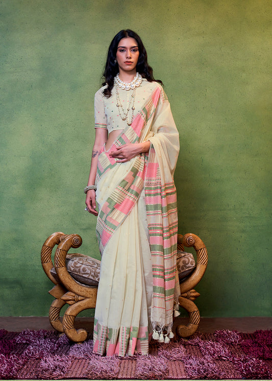 Cream Weaving Silk Light weight Casual Saree