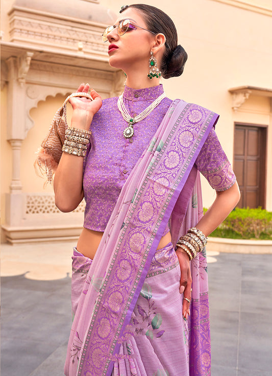 Mauve Silk Floral Print Saree