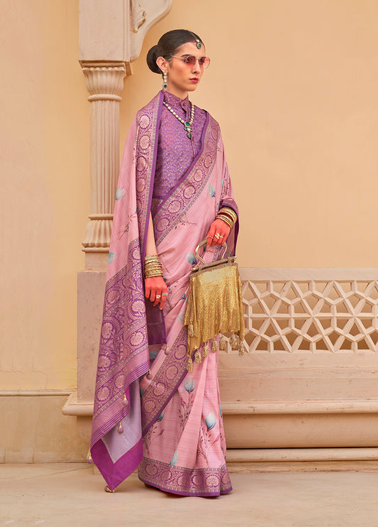 Light Pink Silk Floral Print Saree