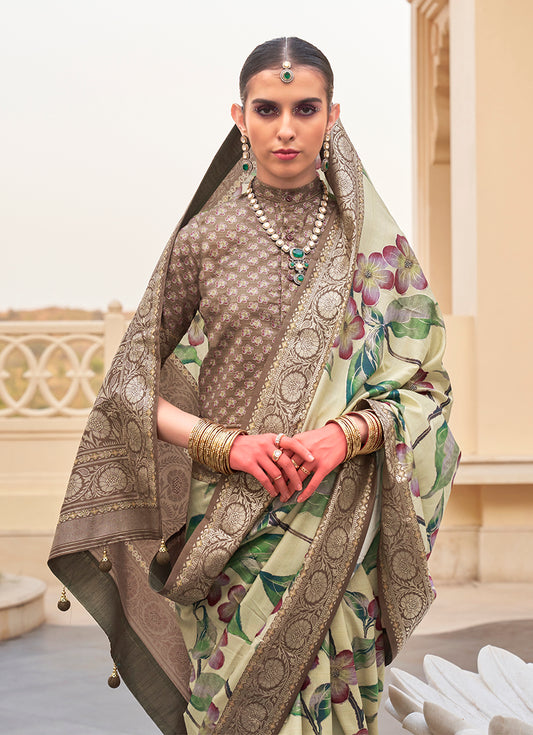 Sea Green Silk Floral Print Saree
