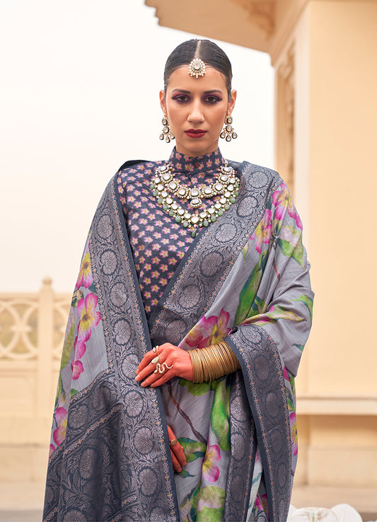Grey Silk Floral Print Saree