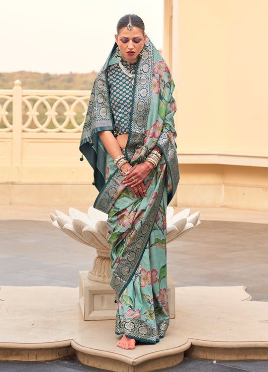 Sea Green Silk Floral Print Saree