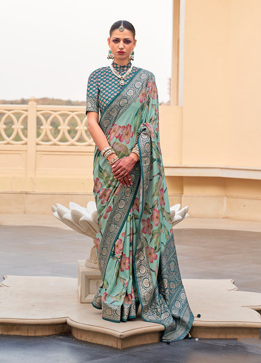 Sea Green Silk Floral Print Saree