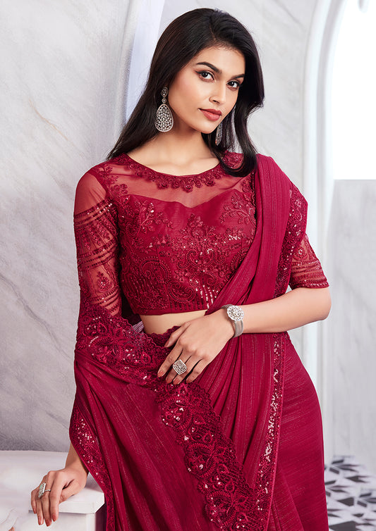 Cherry Red Shimmer Silk Sequins Work Saree