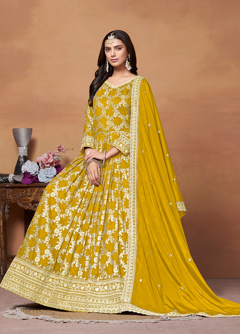Mustard Dola Silk Embroidered Party Wear Suit - Monjolika Fashion Mustard Dola Silk Embroidered Party Wear Suit - Monjolika Fashion