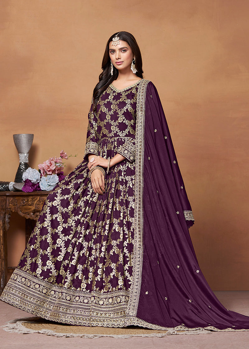 Dark Purple Dola silk Embroidery Designer Suit - Monjolika Fashion Dark Purple Dola silk Embroidery Designer Suit - Monjolika Fashion
