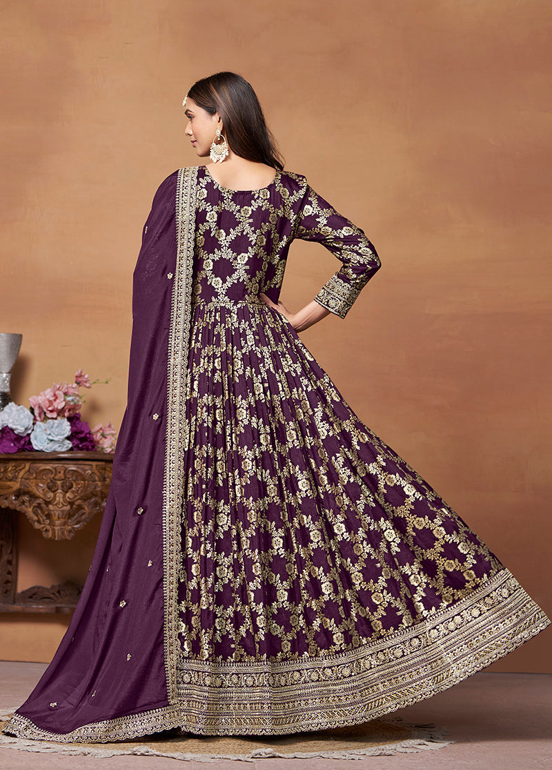 Dark Purple Dola silk Embroidery Designer Suit - Monjolika Fashion Dark Purple Dola silk Embroidery Designer Suit - Monjolika Fashion