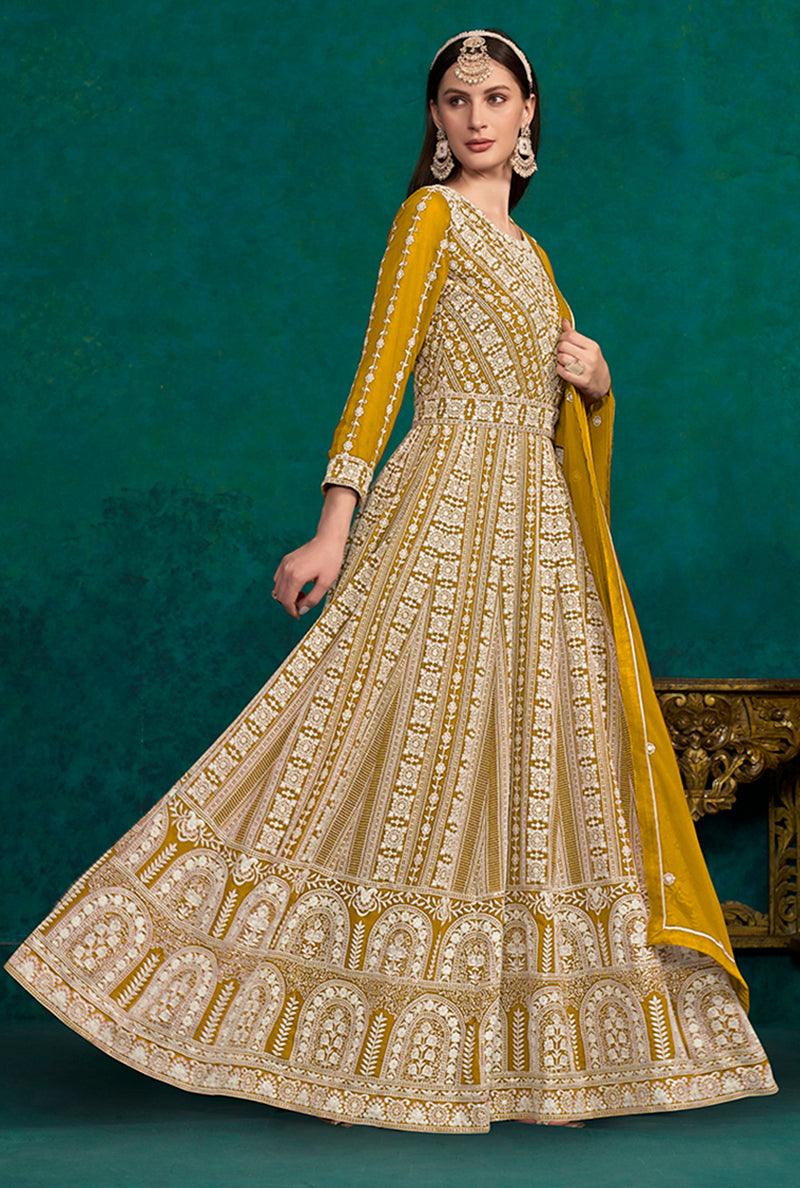 Yellow Faux Georgette Lakhanavi Work Anarkali Salwar Kameez - Monjolika Fashion Yellow Faux Georgette Lakhanavi Work Anarkali Salwar Kameez - Monjolika Fashion