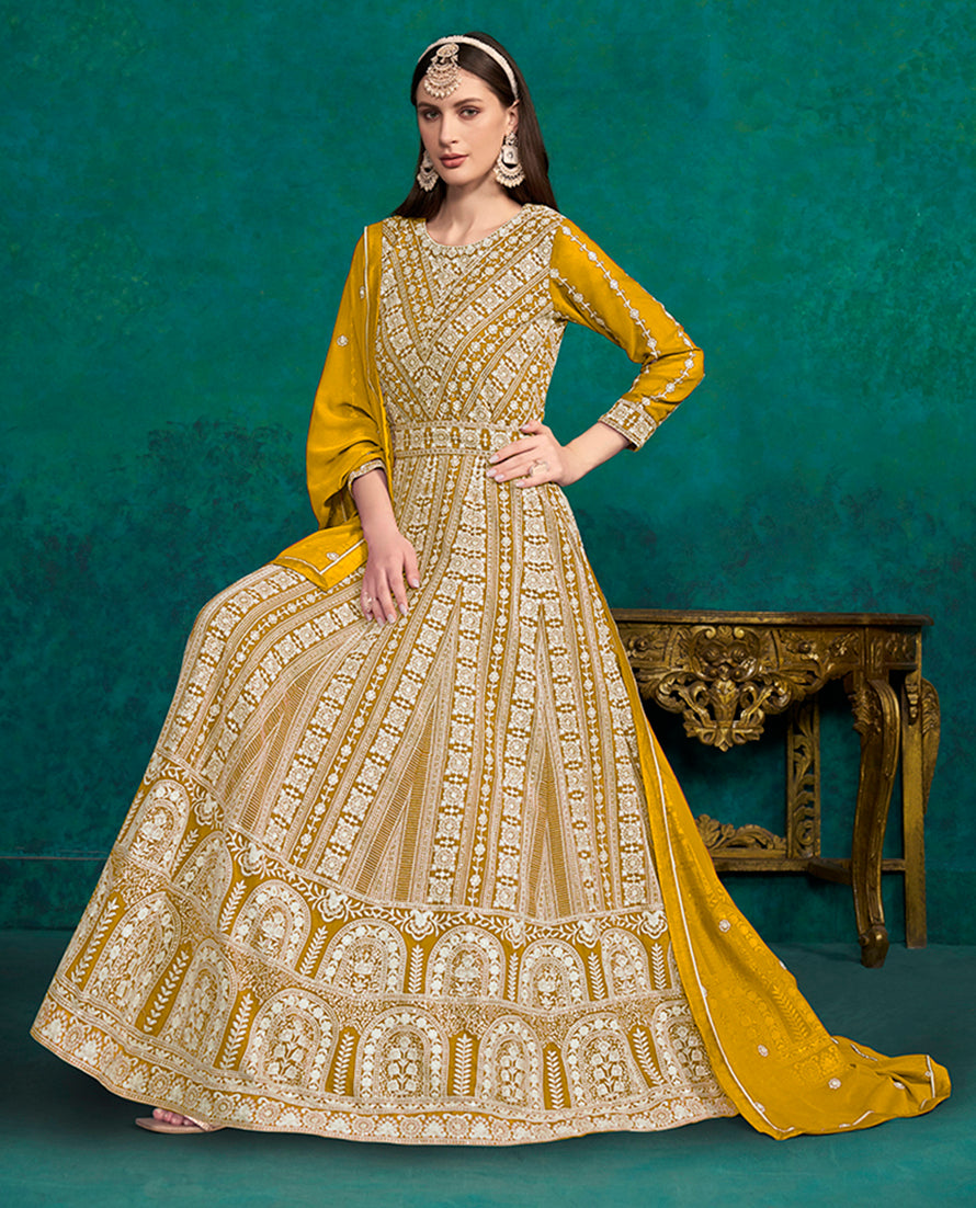 Yellow Faux Georgette Lakhanavi Work Anarkali Salwar Kameez - Monjolika Fashion Yellow Faux Georgette Lakhanavi Work Anarkali Salwar Kameez - Monjolika Fashion