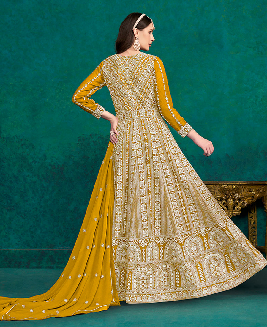 Yellow Faux Georgette Lakhanavi Work Anarkali Salwar Kameez - Monjolika Fashion Yellow Faux Georgette Lakhanavi Work Anarkali Salwar Kameez - Monjolika Fashion