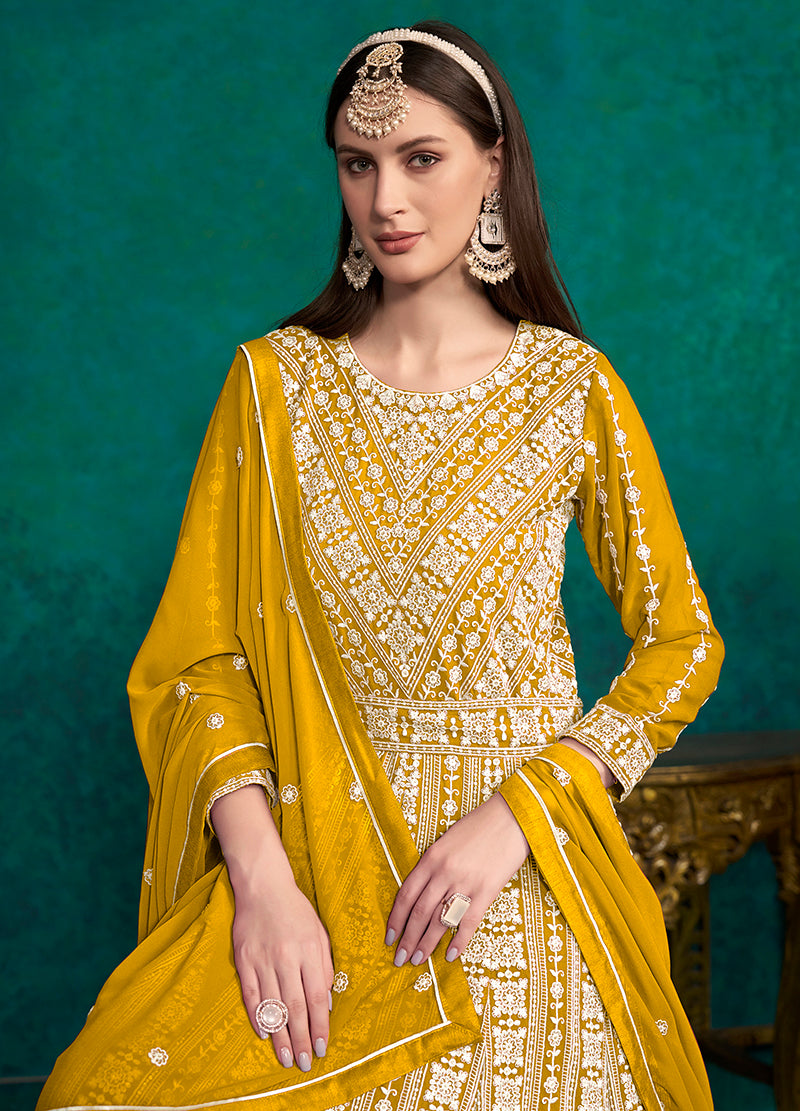 Yellow Faux Georgette Lakhanavi Work Anarkali Salwar Kameez - Monjolika Fashion Yellow Faux Georgette Lakhanavi Work Anarkali Salwar Kameez - Monjolika Fashion