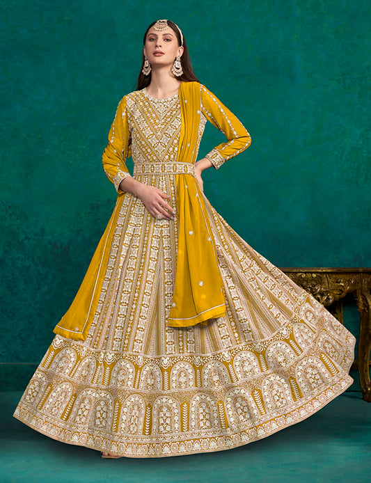 Yellow Faux Georgette Lakhanavi Work Anarkali Salwar Kameez - Monjolika Fashion