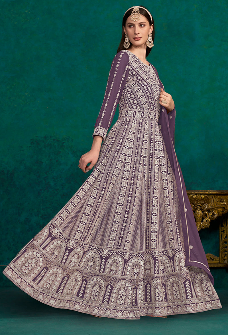 Dark Violet Faux Georgette Lakhanavi Anarkali Salwar Kameez - Monjolika Fashion Dark Violet Faux Georgette Lakhanavi Anarkali Salwar Kameez - Monjolika Fashion
