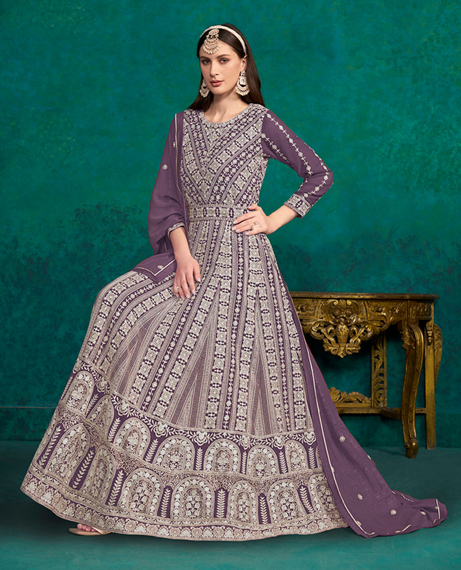 Dark Violet Faux Georgette Lakhanavi Anarkali Salwar Kameez - Monjolika Fashion Dark Violet Faux Georgette Lakhanavi Anarkali Salwar Kameez - Monjolika Fashion