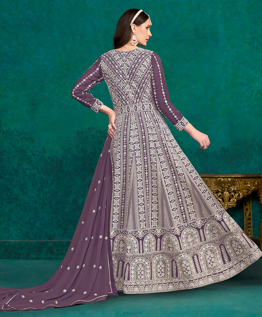 Dark Violet Faux Georgette Lakhanavi Anarkali Salwar Kameez - Monjolika Fashion Dark Violet Faux Georgette Lakhanavi Anarkali Salwar Kameez - Monjolika Fashion