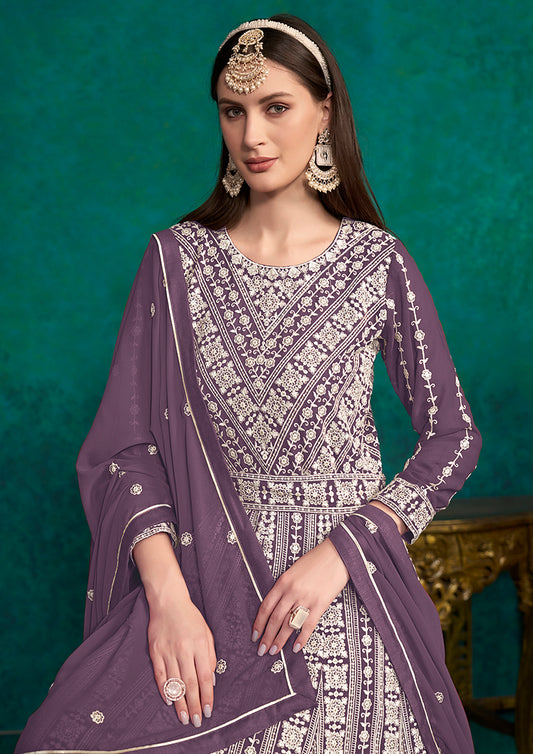 Dark Violet Faux Georgette Lakhanavi Anarkali Salwar Kameez - Monjolika Fashion