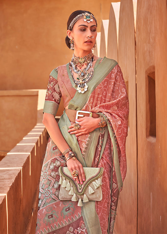 Brown Cotton Silk Foil Print Work Saree