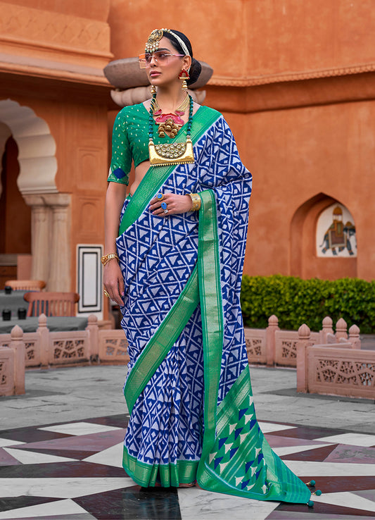 Blue Cotton Silk Foil Print Work Saree