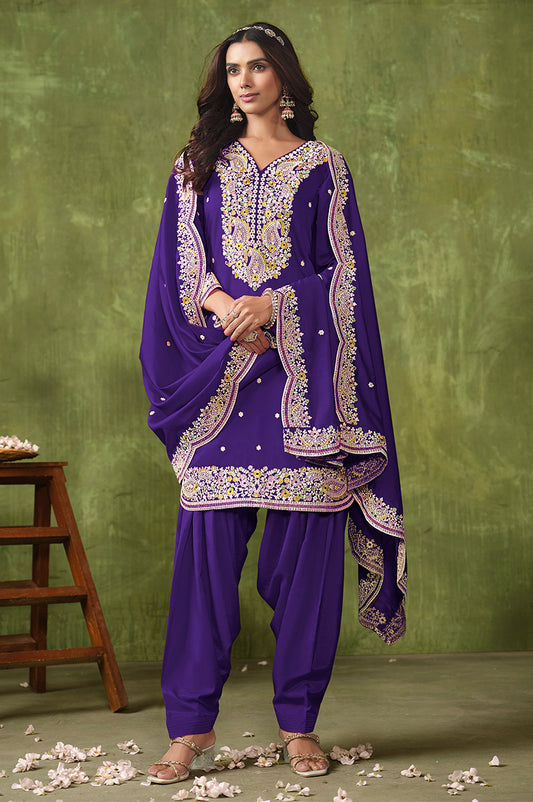 Dark Blue Chanderi Embroidered Salwar Kameez - Monjolika Fashion