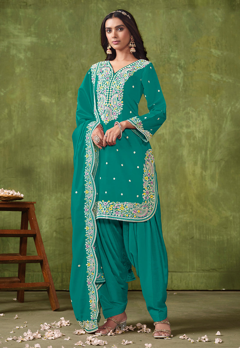 Dark Cyan Chanderi Embroidered Ethnic Salwar Kameez - Monjolika Fashion Dark Cyan Chanderi Embroidered Ethnic Salwar Kameez - Monjolika Fashion