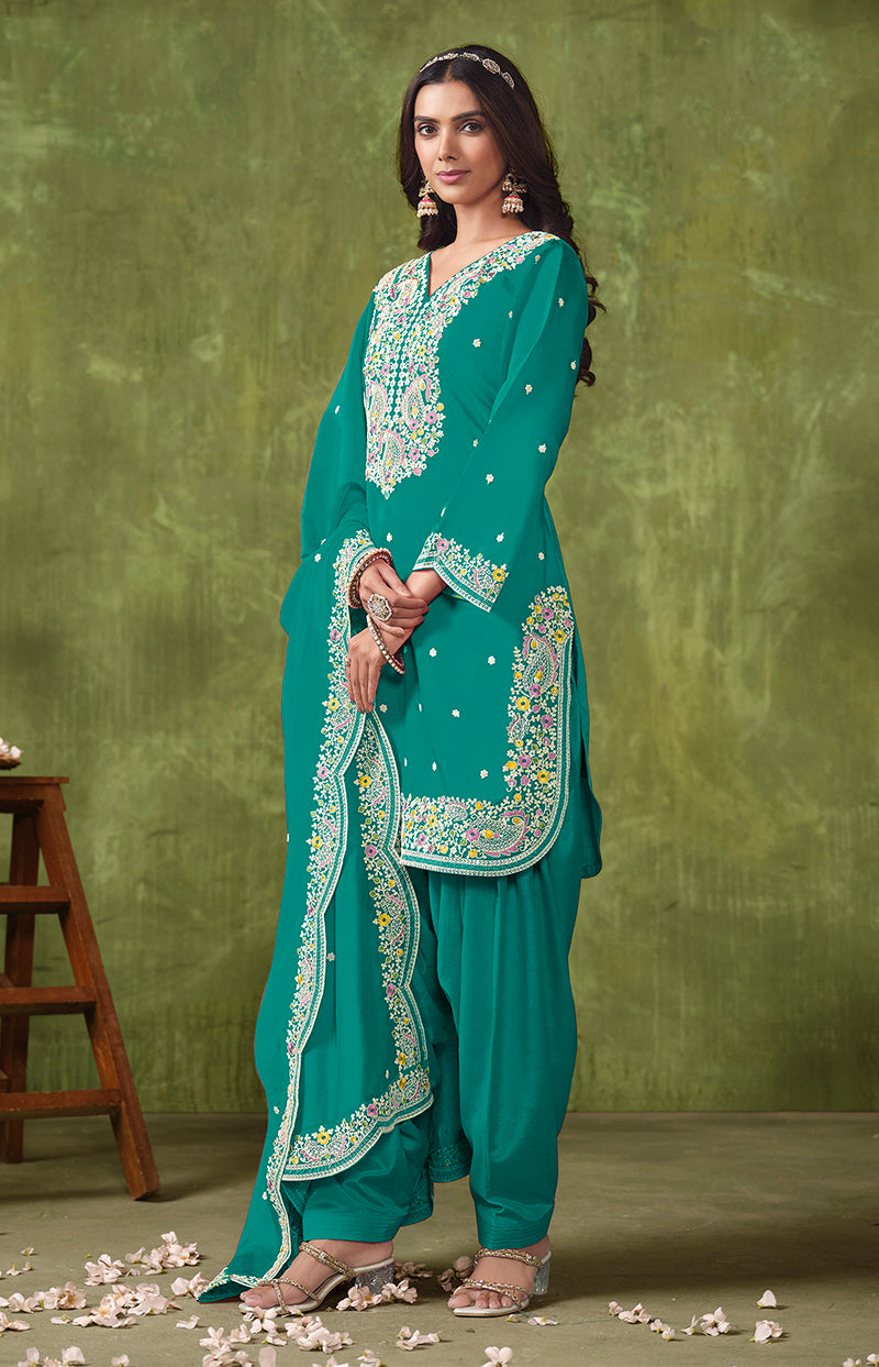 Dark Cyan Chanderi Embroidered Ethnic Salwar Kameez - Monjolika Fashion Dark Cyan Chanderi Embroidered Ethnic Salwar Kameez - Monjolika Fashion