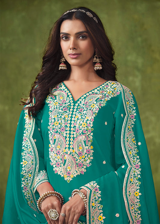 Dark Cyan Chanderi Embroidered Ethnic Salwar Kameez - Monjolika Fashion
