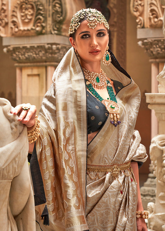 Cream Banarasi Silk Rich Look Exquisite Saree