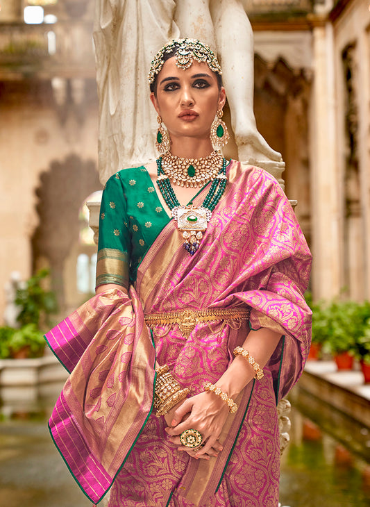 Pink Banarasi silk Rich Zari Work Classic Saree