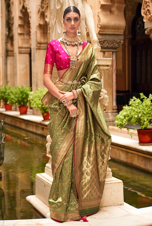 Green Rich Look Banarasi Silk Weaving Work Elegance and Luxury Saree
