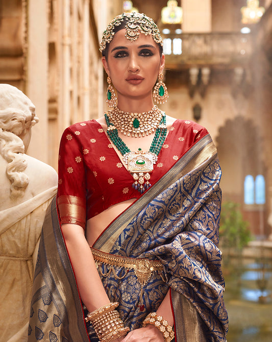 Navy Blue  Banarasi Silk Rich Look Tradtional Saree