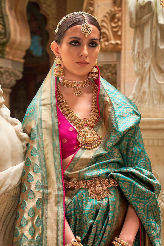 Turquoise Banarasi Silk Woven Rich Look saree