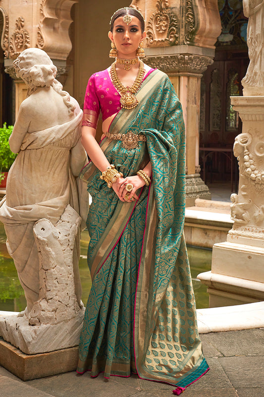 Turquoise Banarasi Silk Woven Rich Look saree