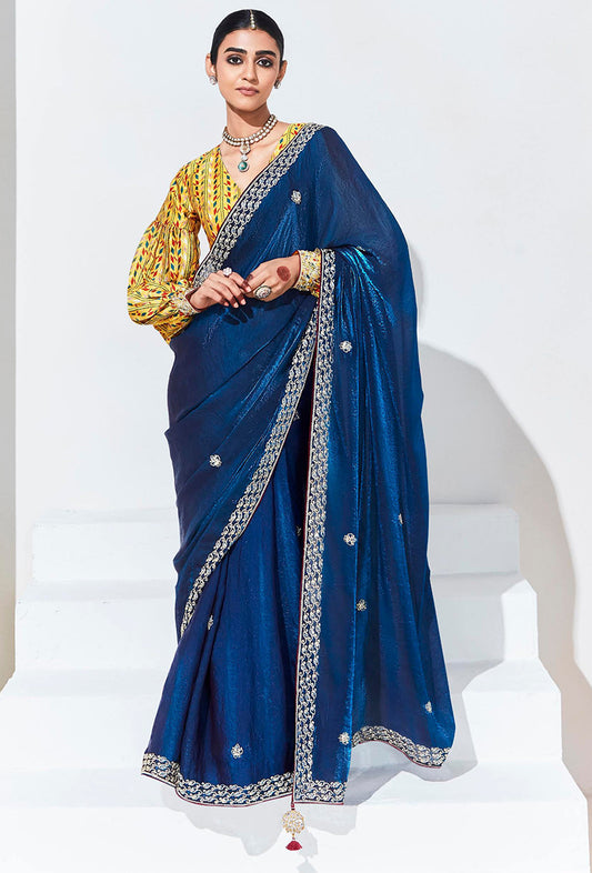 Dark Blue Organza Silk Saree With Delicate Embroidery Work