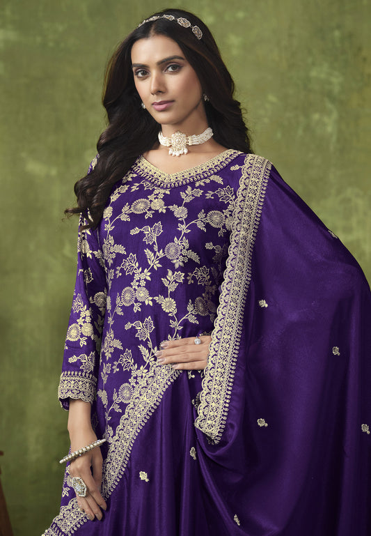 Dark Blue Dola Silk Embroidered Designer Salwar Kameez - Monjolika Fashion