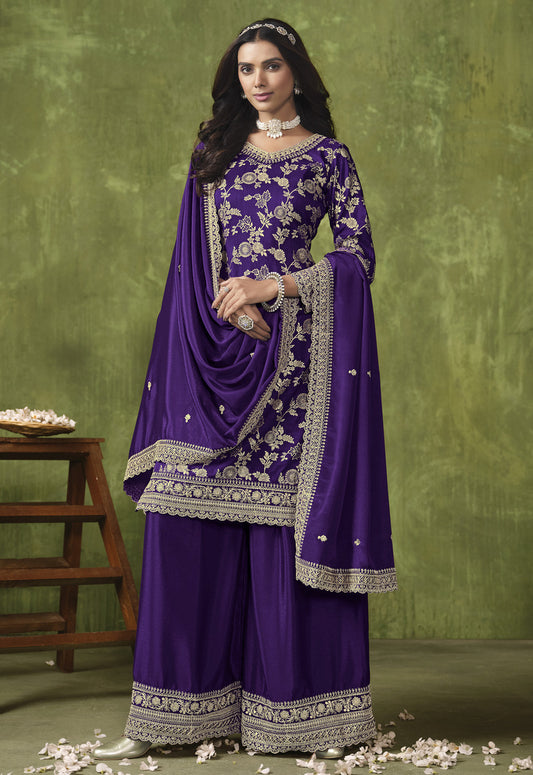 Dark Blue Dola Silk Embroidered Designer Salwar Kameez - Monjolika Fashion