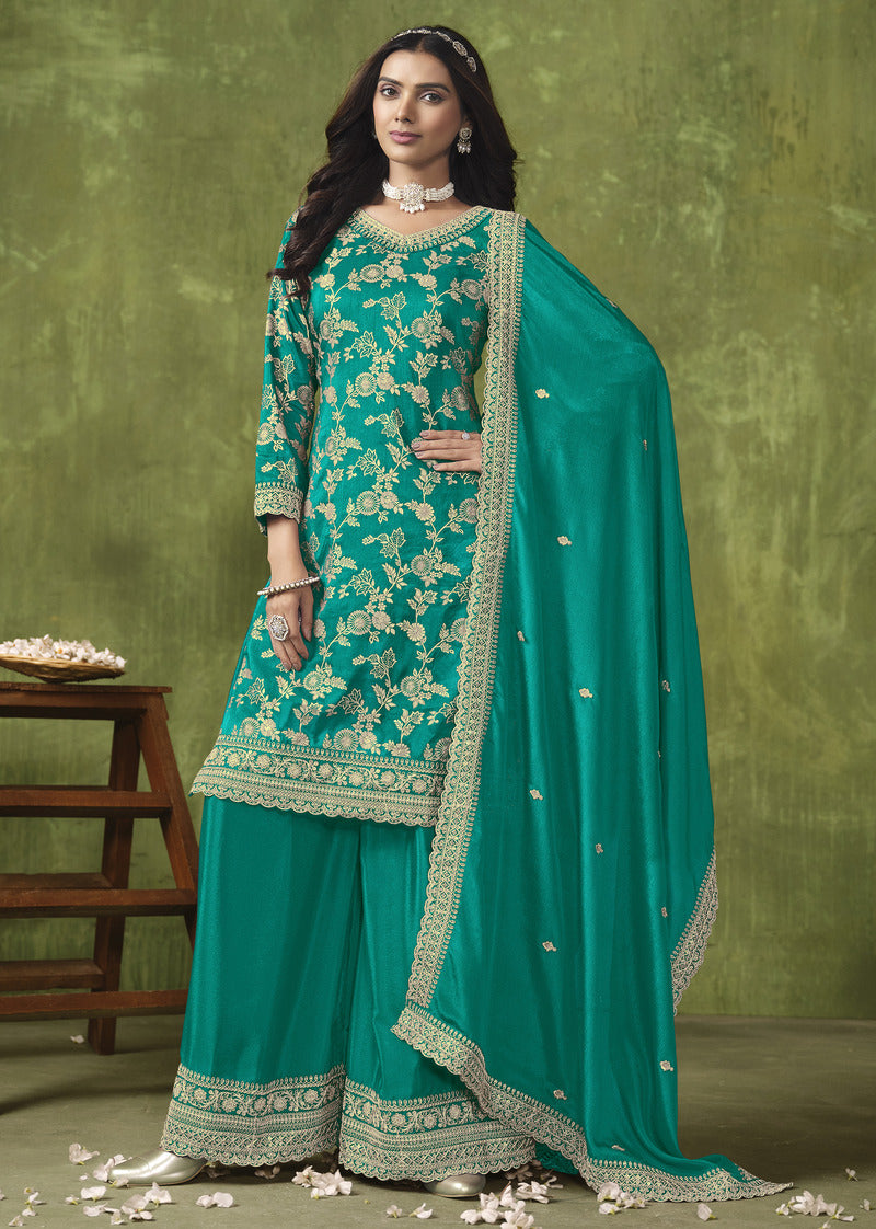 Dark Cyan Dola Silk Embroidered Designer Salwar Kameez - Monjolika Fashion Dark Cyan Dola Silk Embroidered Designer Salwar Kameez - Monjolika Fashion