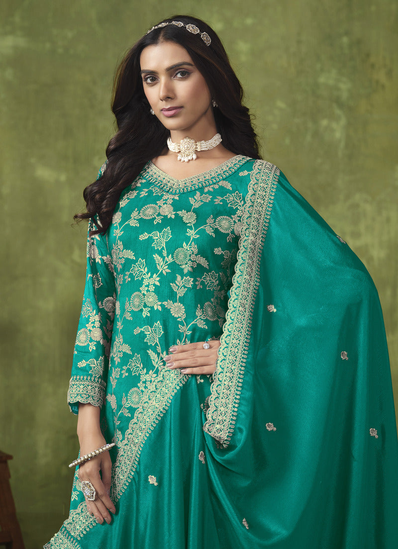 Dark Cyan Dola Silk Embroidered Designer Salwar Kameez - Monjolika Fashion Dark Cyan Dola Silk Embroidered Designer Salwar Kameez - Monjolika Fashion