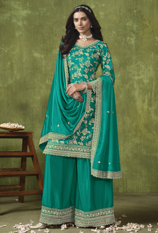 Dark Cyan Dola Silk Embroidered Designer Salwar Kameez - Monjolika Fashion