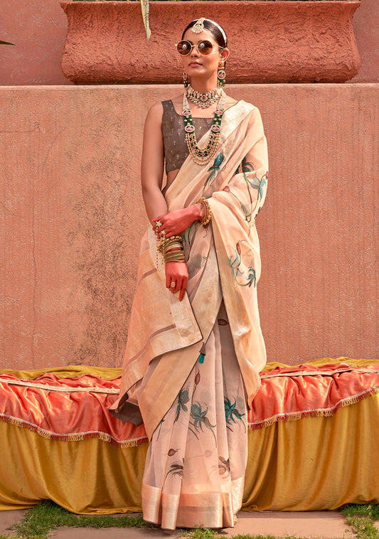 Cream Organza Digital Print Saree
