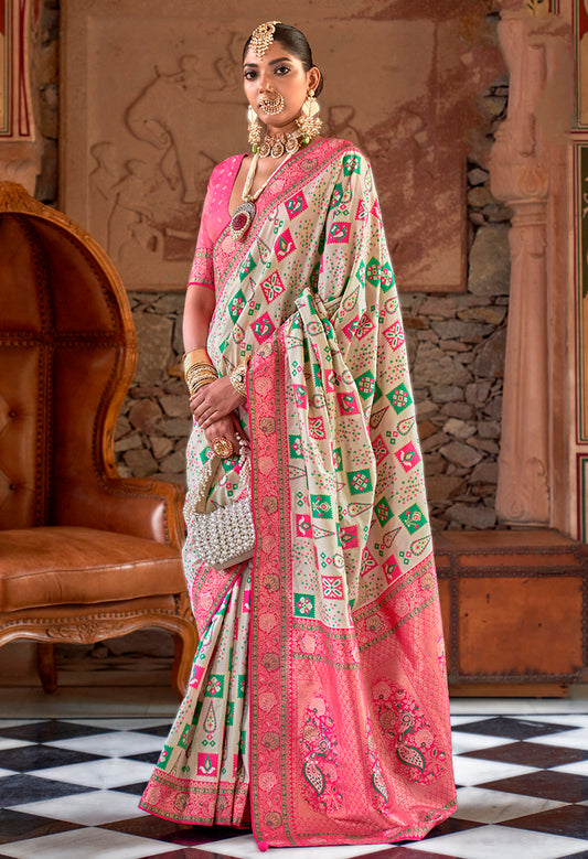 Cream Banarasi Silk Patola Zari Weaving Saree