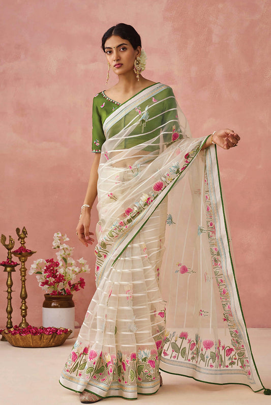 Cream Brasso Printed Classic Saree