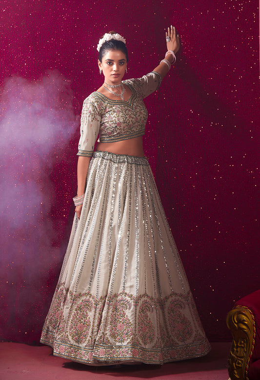 Cream Art Silk Embroidered Sequins Work Reception Wear Lehenga Choli