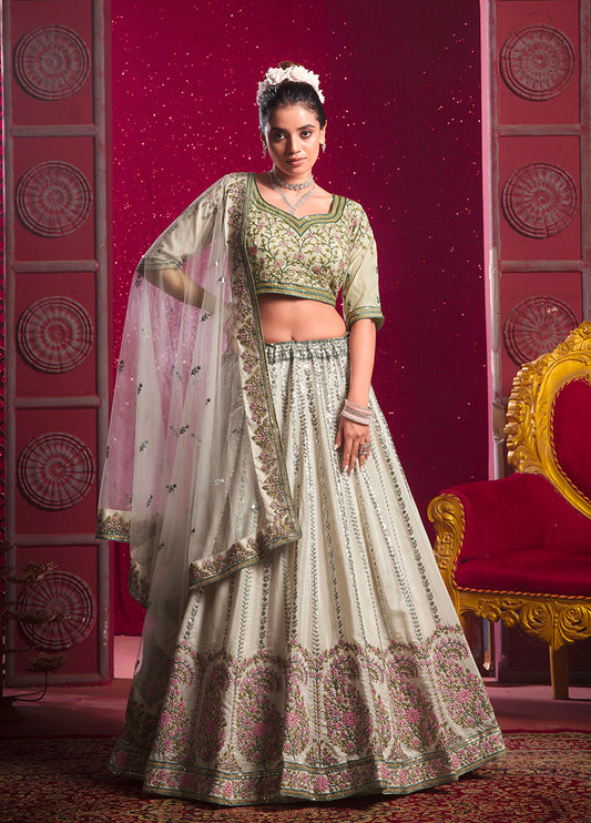 Cream Art Silk Embroidered Sequins Work Reception Wear Lehenga Choli