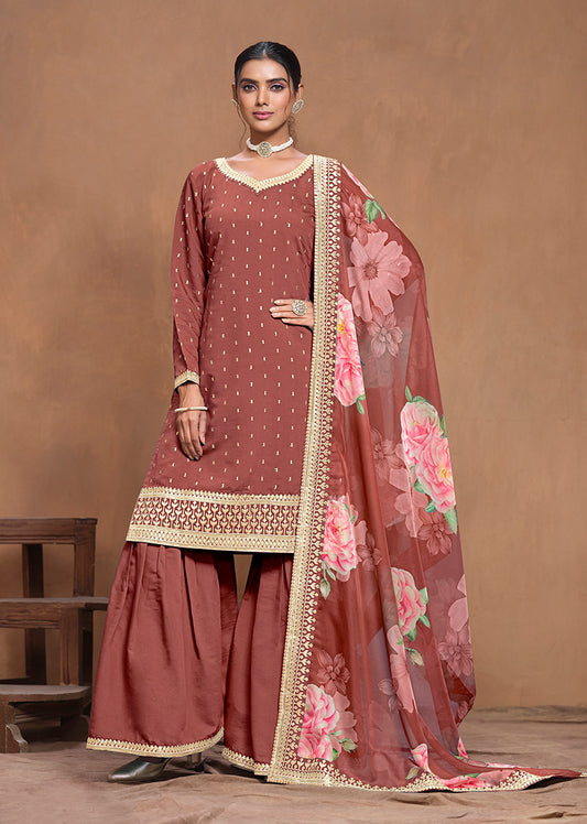 Dark Coral Silk Embroidered Trendy Palazzo Salwar Kameez